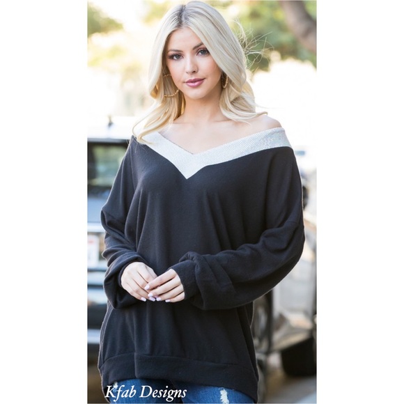 LAST ONE! V Neck Softest Black Top with Silver Sparkly Sequin Detail! - Picture 3 of 6